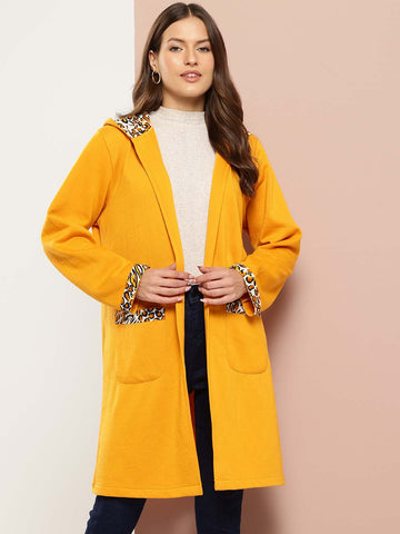 Yellow long jacket with printed hoodie