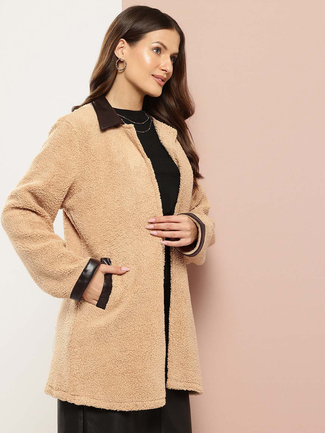 Beige Teddy Jacket With Leather Collar