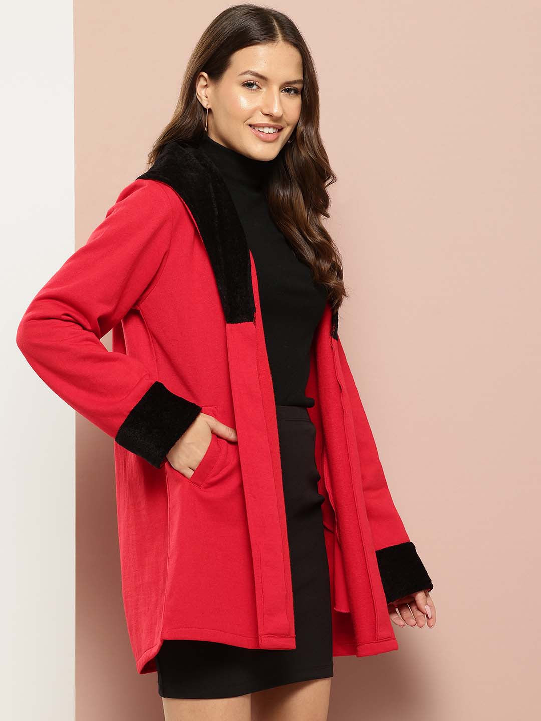 Red jacket with spread fur collar