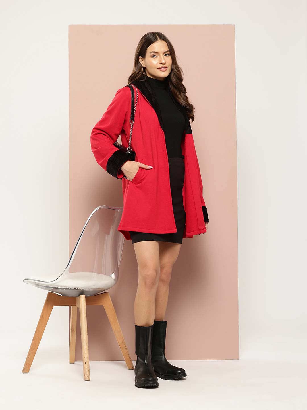 Red jacket with spread fur collar