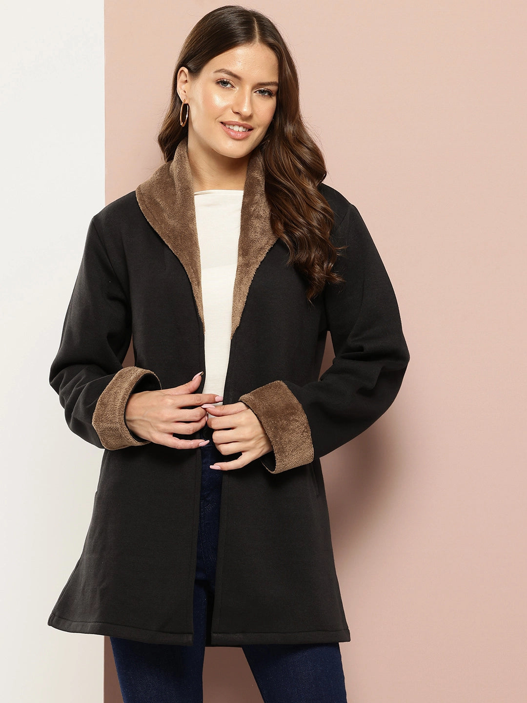 Black jacket with spread fur collar
