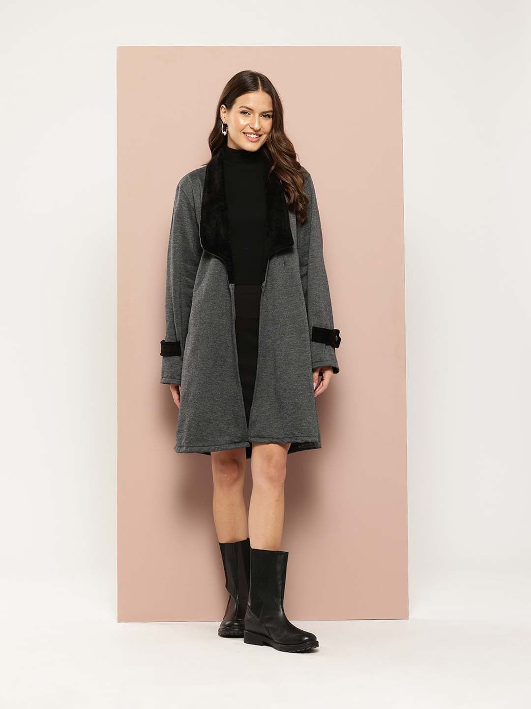 Grey long coat with black fur collar