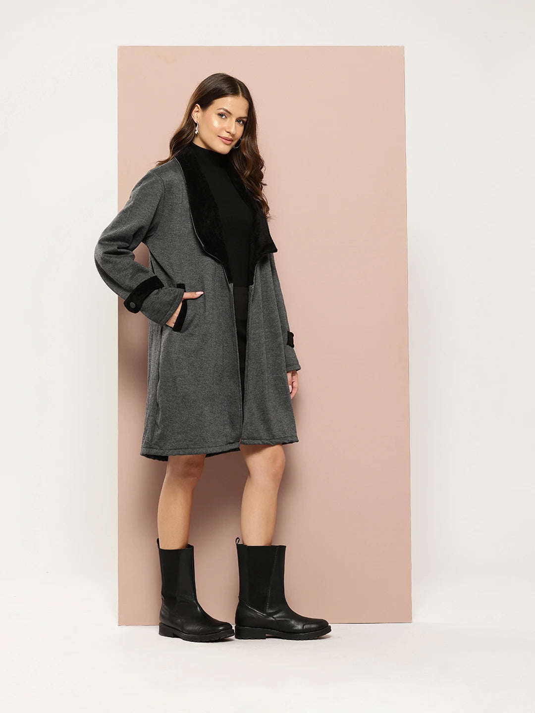 Grey long coat with black fur collar