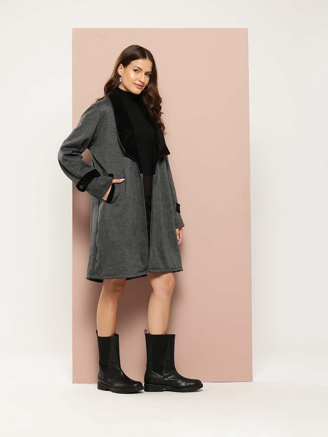 Grey long coat with black fur collar