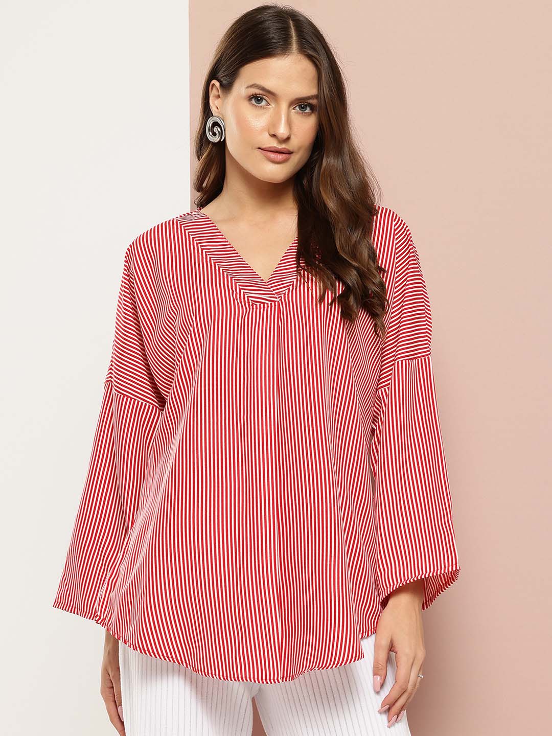 Red and white striped V-neck top