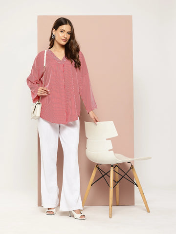 Red and white striped V-neck top