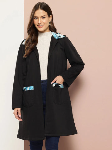 Black fleece long jacket with printed collar