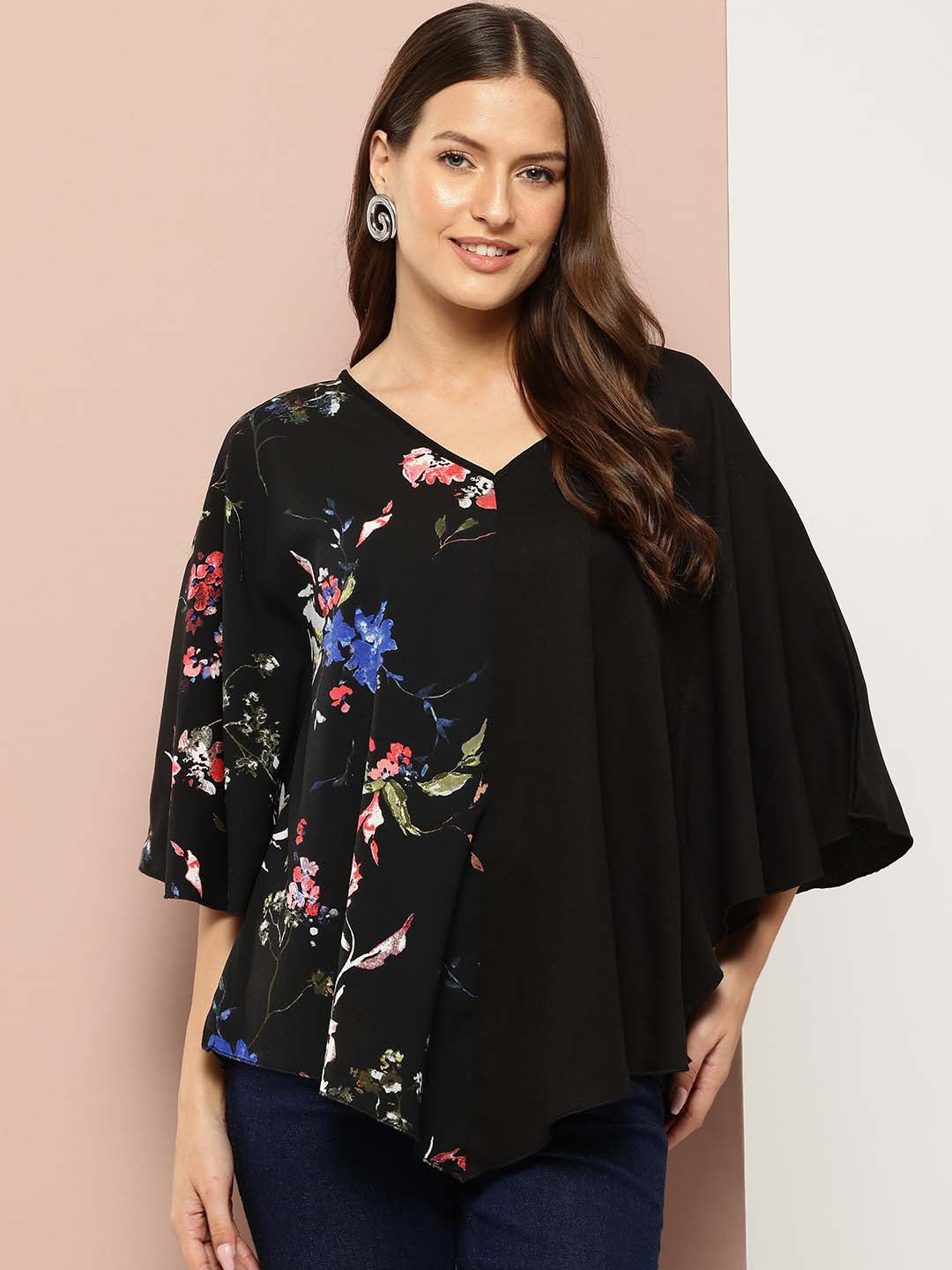 V-shape hemline color block Kimono top