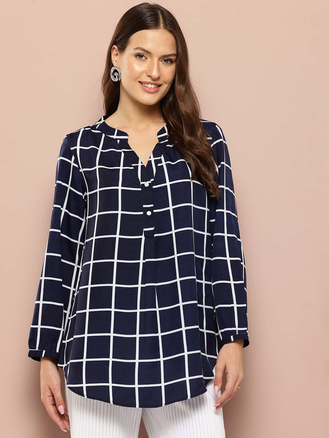 Navy Blue plaid mandarin collar shirt