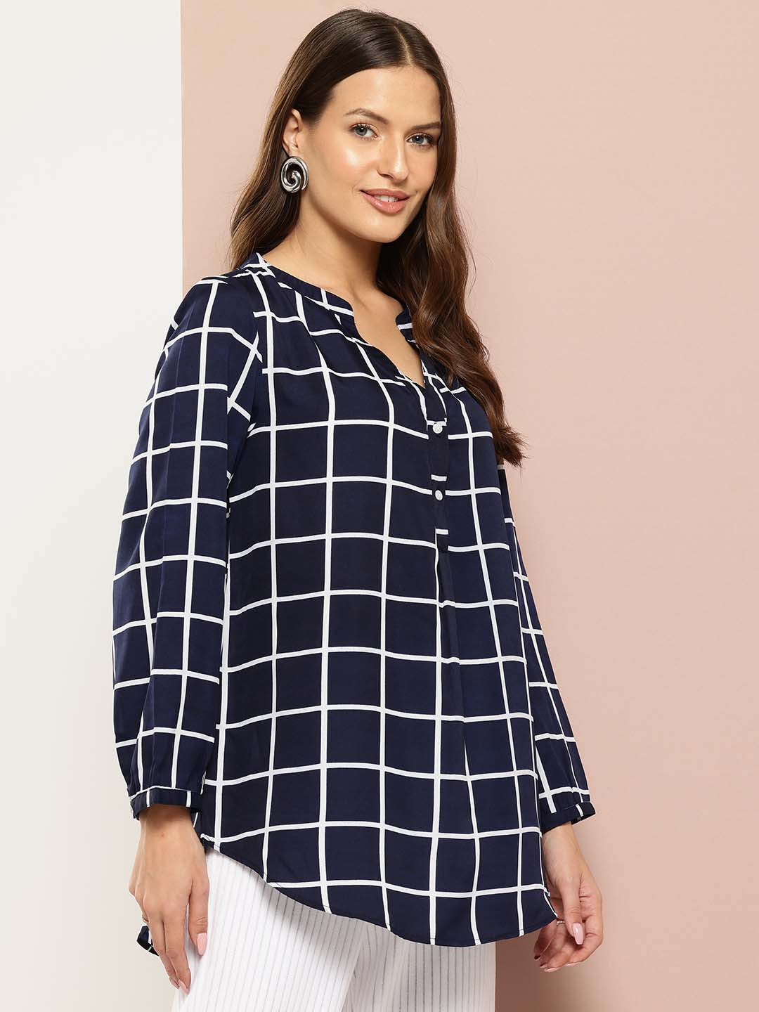 Navy Blue plaid mandarin collar shirt