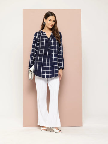 Navy Blue plaid mandarin collar shirt