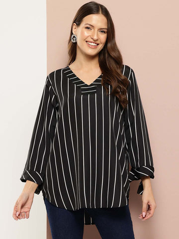 V-neck black striped top