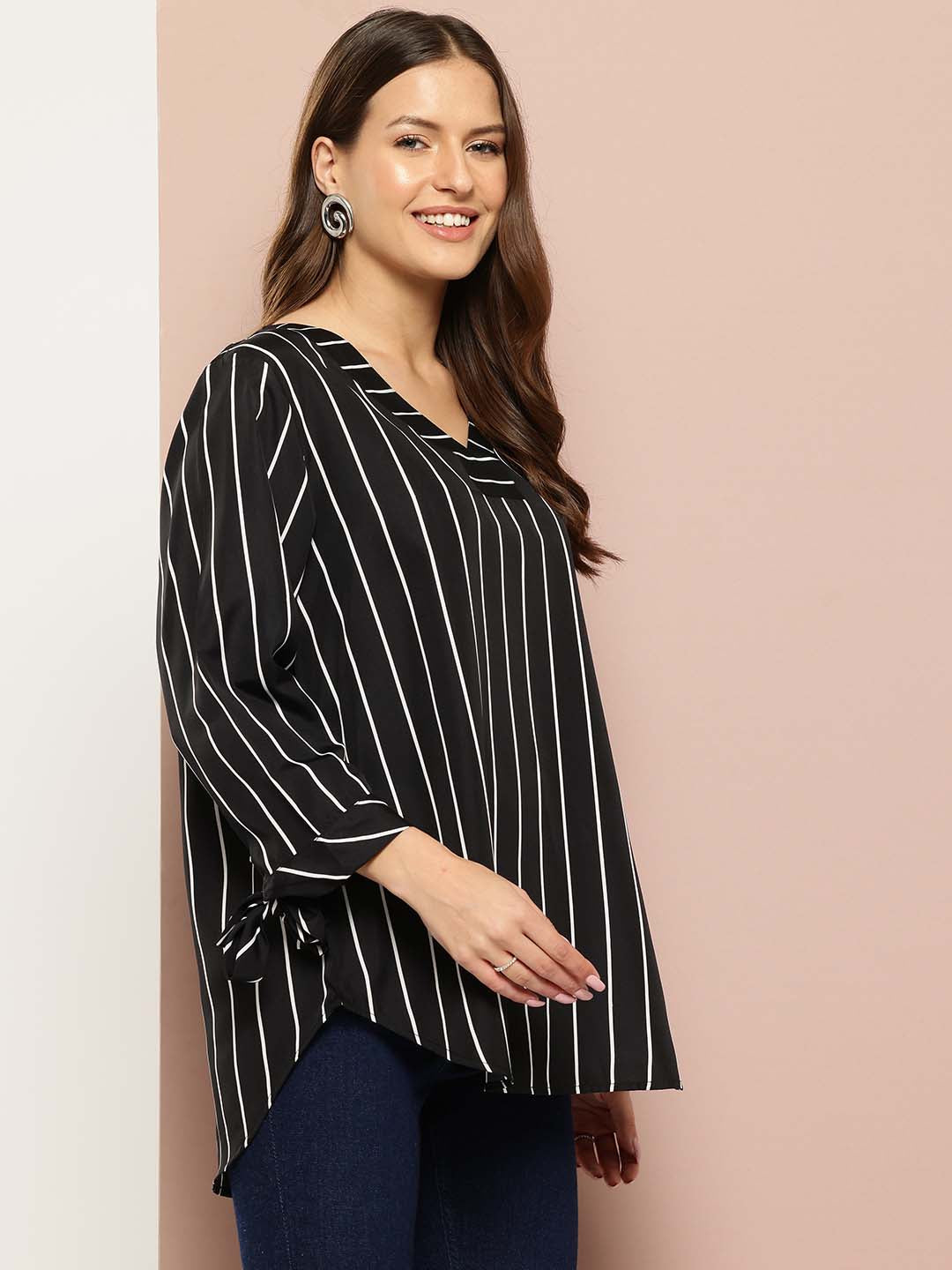 V-neck black striped top