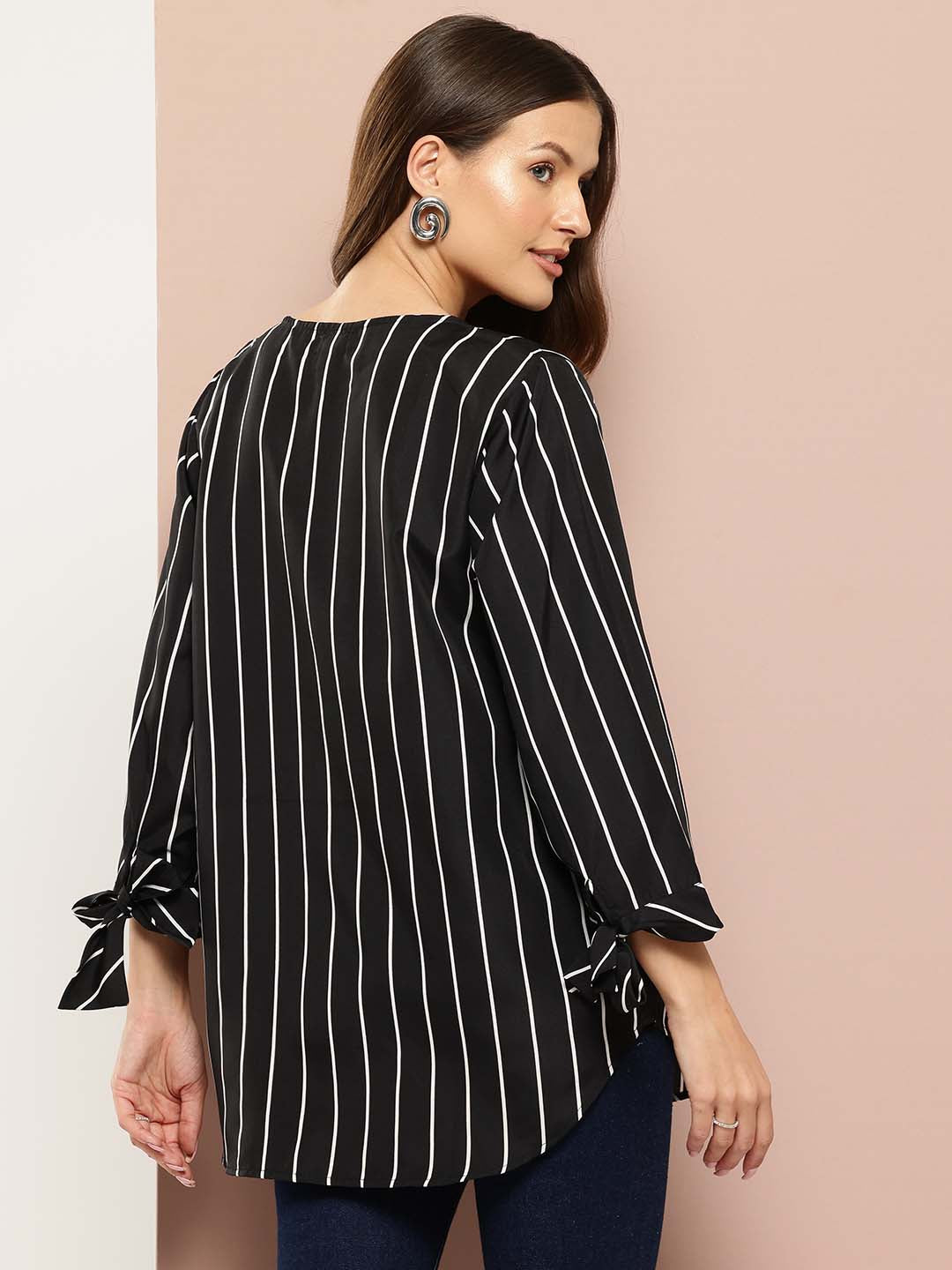 V-neck black striped top