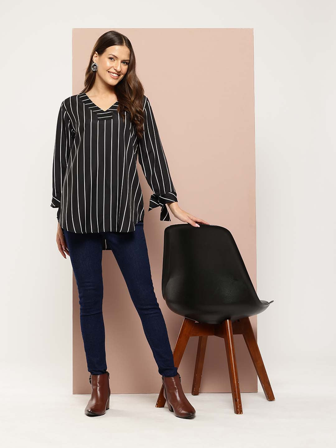 V-neck black striped top