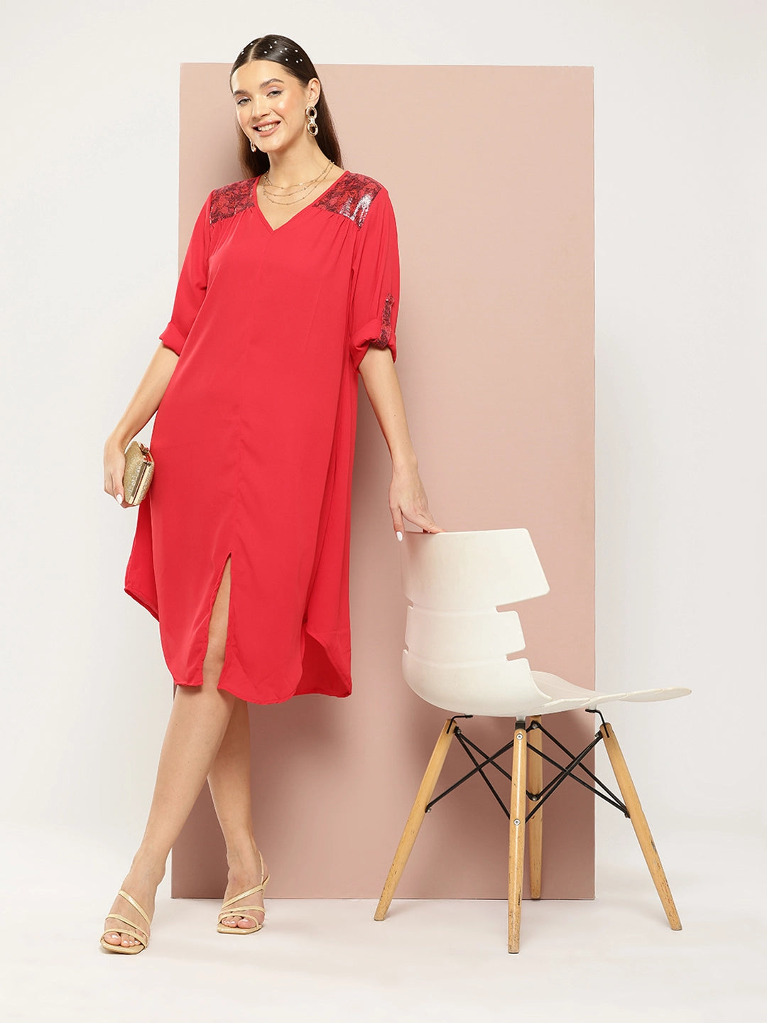 Red slit dress with sequin embellishment