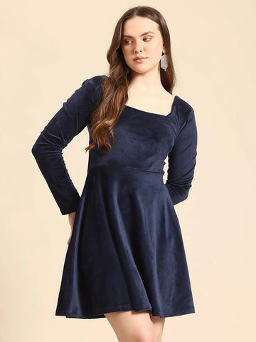 Blue fit and flare velvet dress