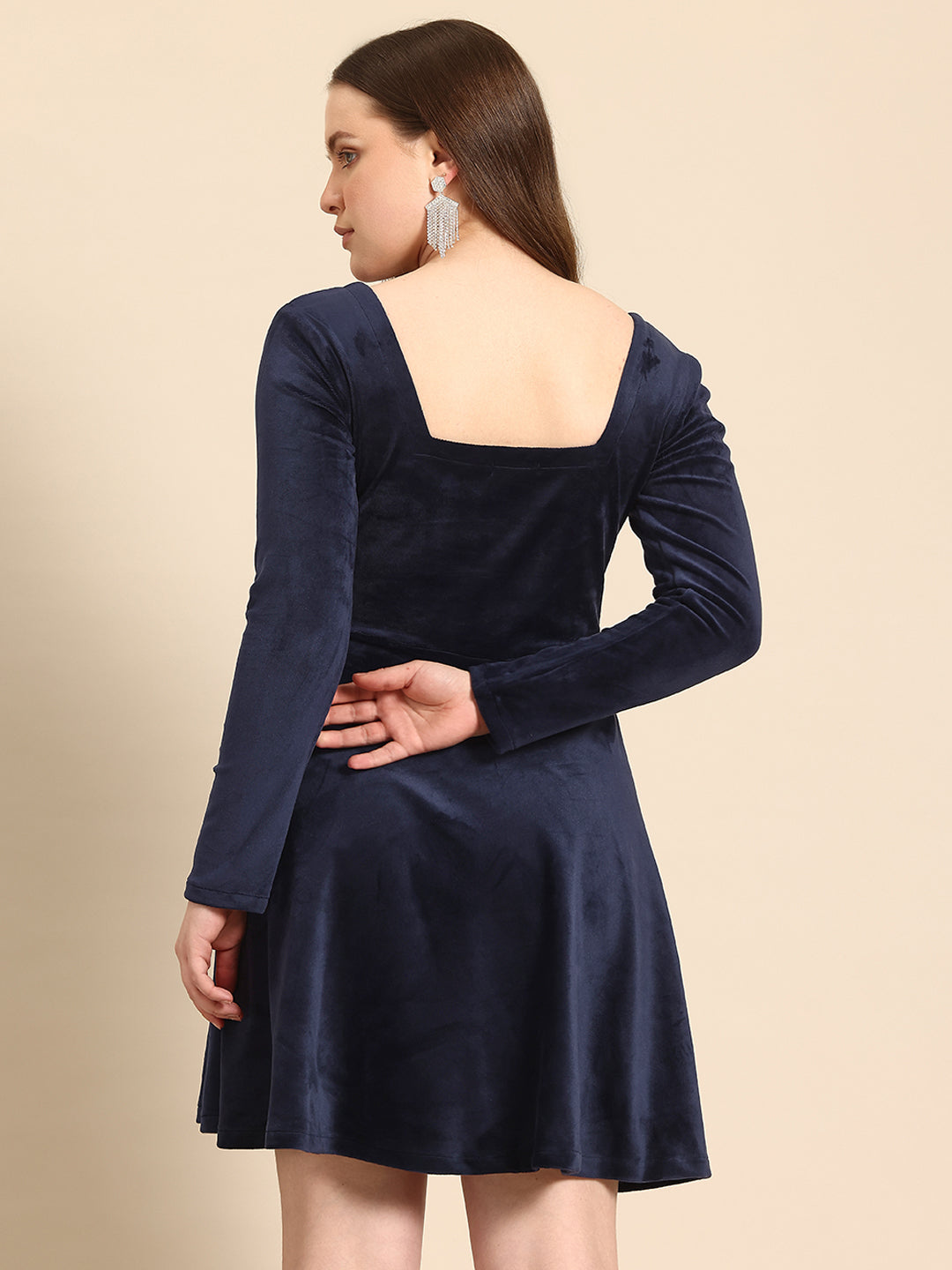 Blue fit and flare velvet dress