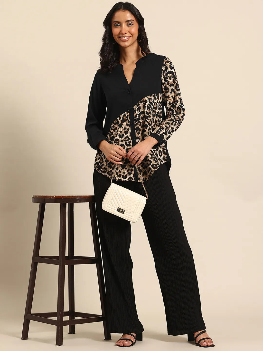 Color-block animal print shirt