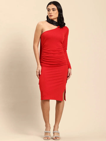 Red bodycon dress with sequin tail