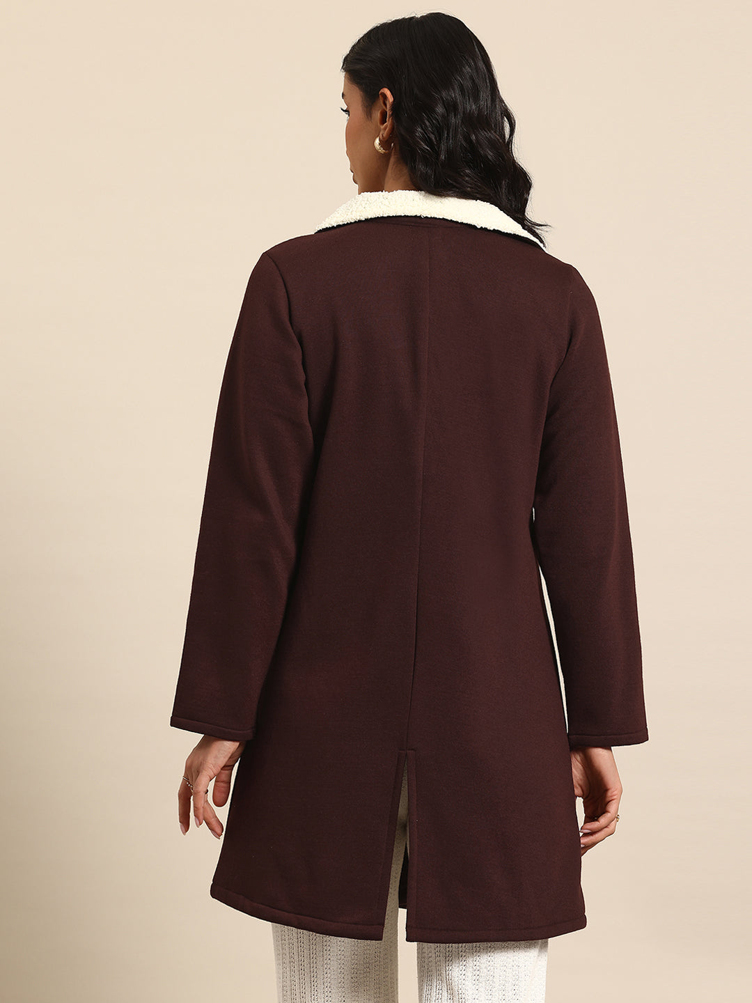 Brown fleece blazer with white notch collar