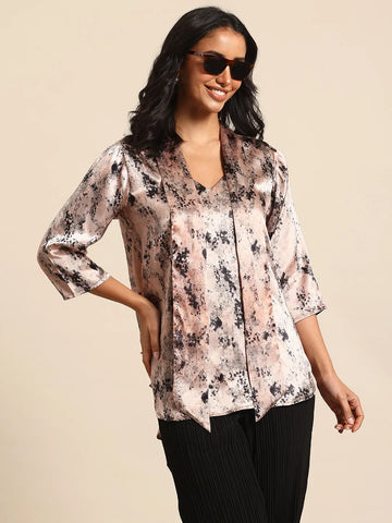 Satin printed Tie-Up Neck Top