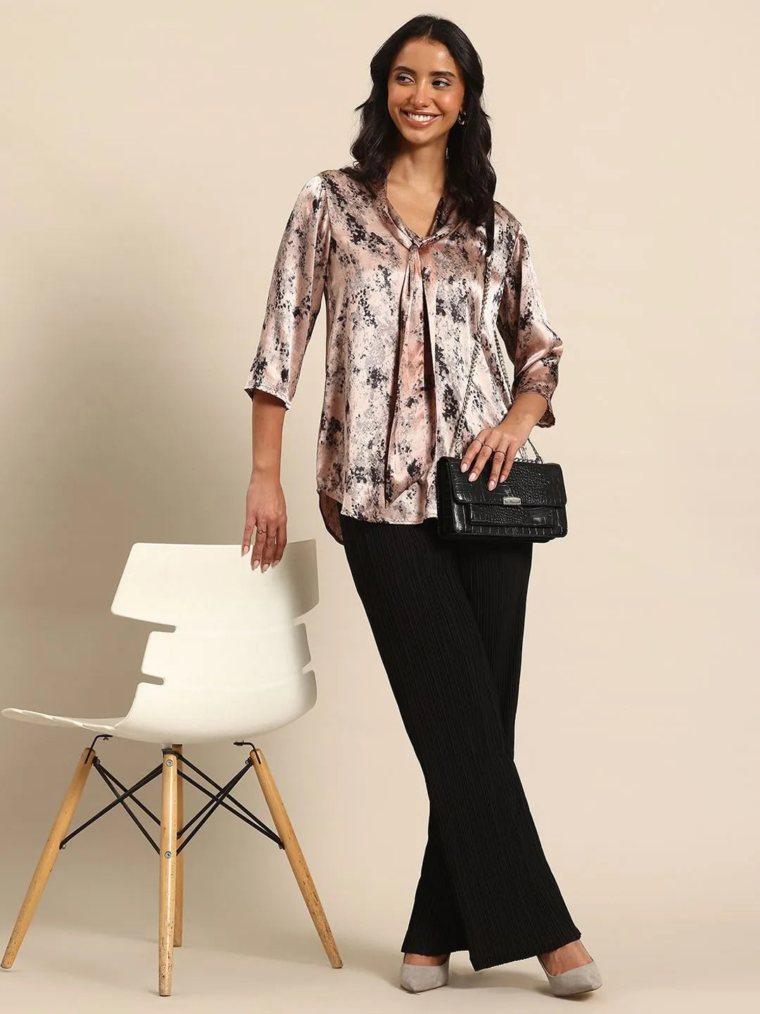 Satin printed Tie-Up Neck Top