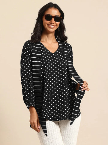 Black & white polka dot V-Neck stripe tie top with full cuff sleeves.