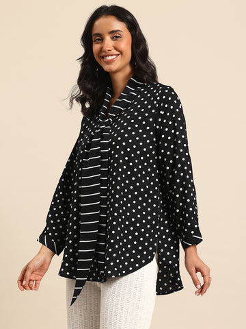 Black & white polka dot V-Neck stripe tie top with full cuff sleeves.