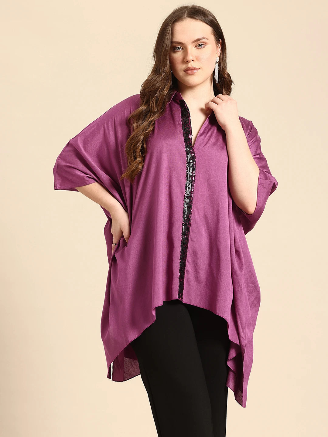 Purple collar shirt kaftan with full button up sequin placket and handkerchief hem