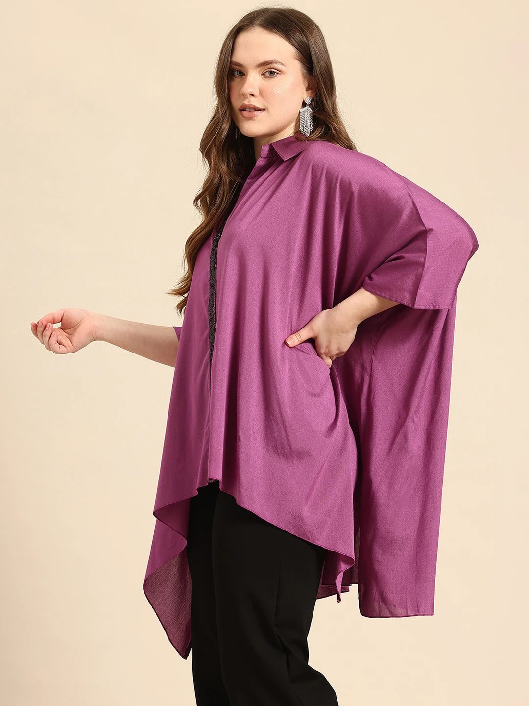 Purple collar shirt kaftan with full button up sequin placket and handkerchief hem