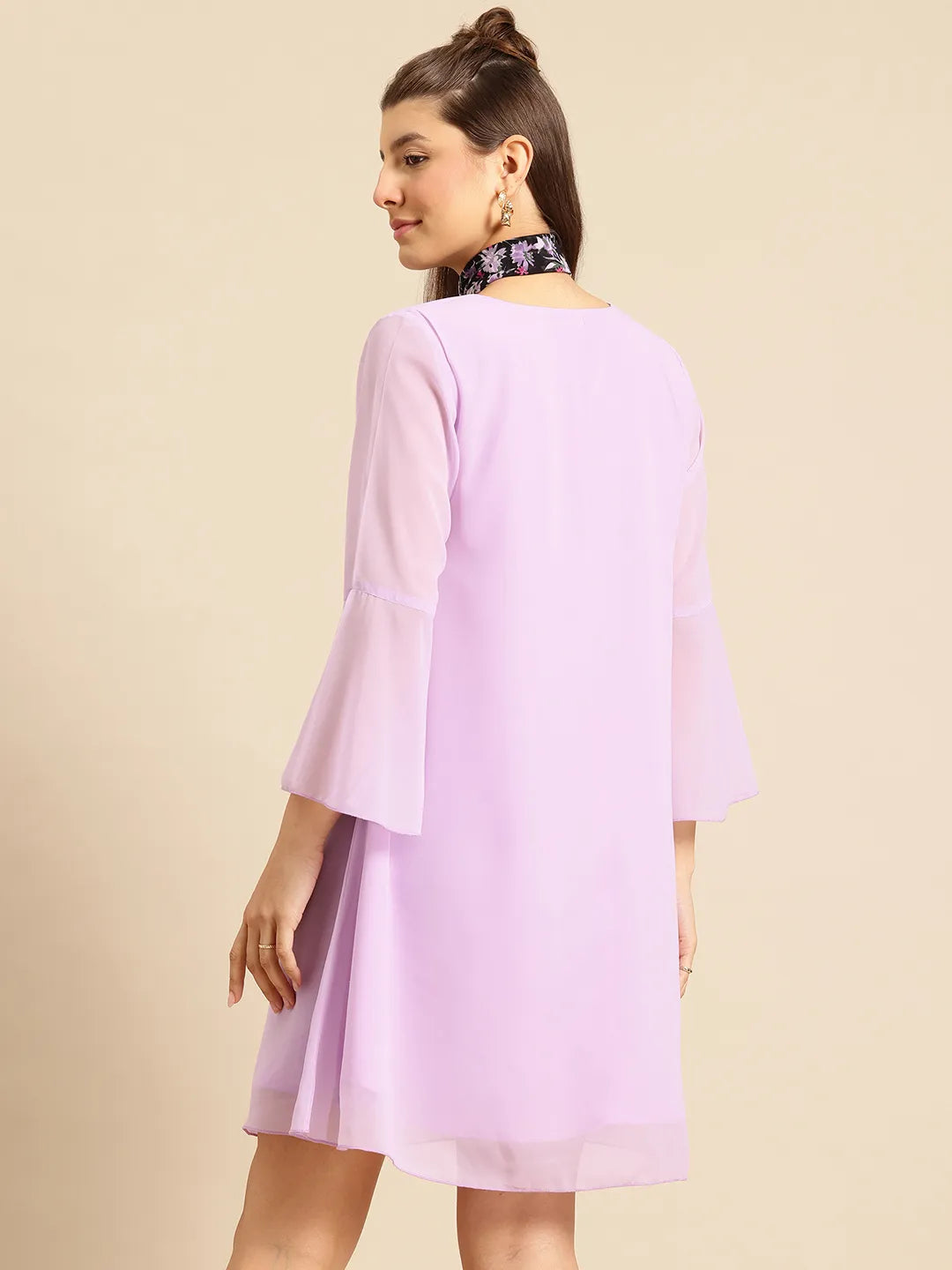 Lavender Solid A-Line Dress With Scarf
