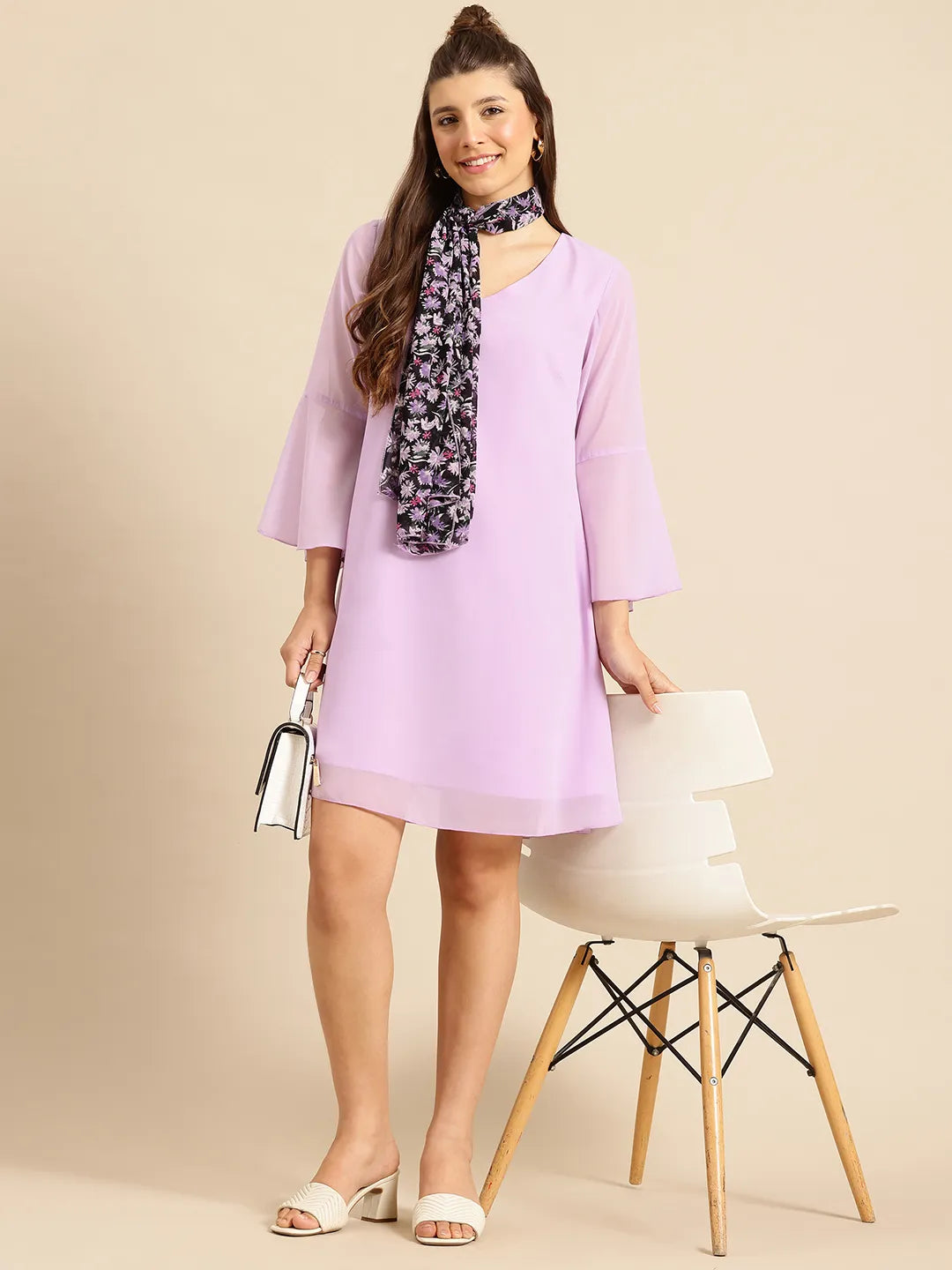 Lavender Solid A-Line Dress With Scarf
