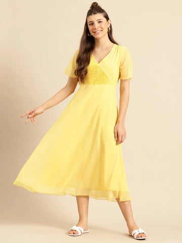 Yellow Georgette sequins party maxi dress