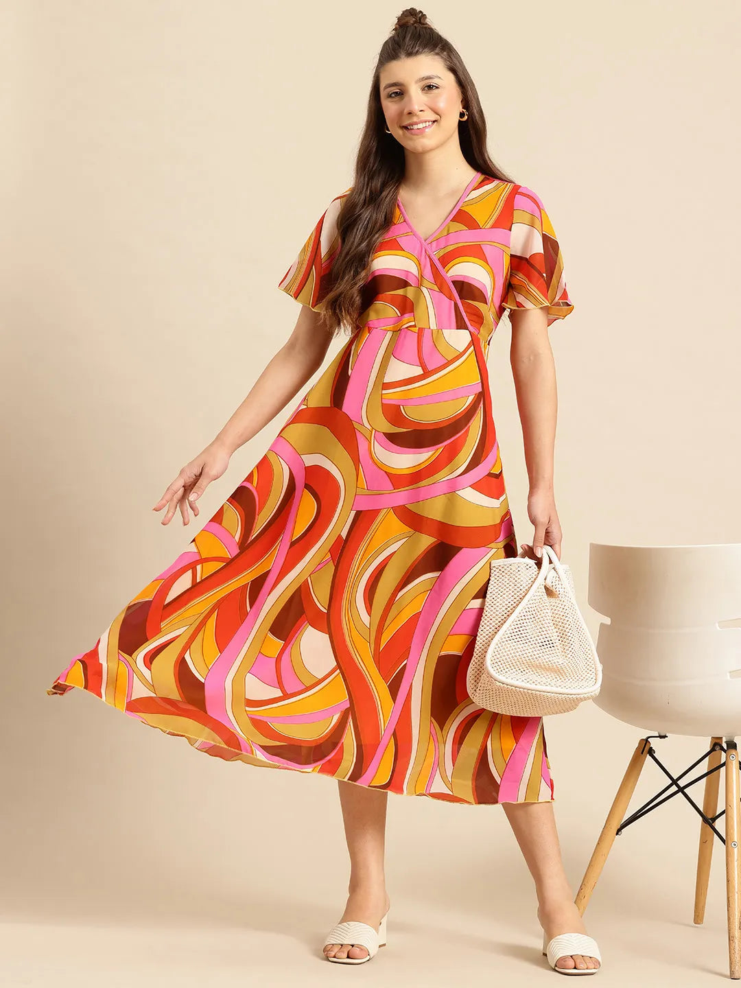 Multi Georgette Slim Fit Dress with Curved Hemline and With Lining