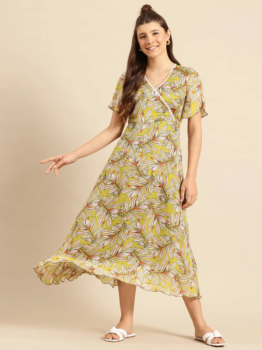 Elegant Olive Printed Georgette party maxi dress