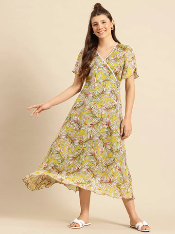 Elegant Olive Printed Georgette party maxi dress