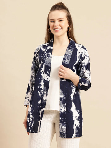 Navy and white print shrug features 3/4 regular sleeves