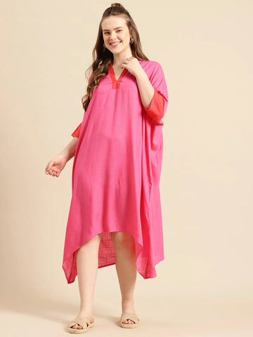 Magenta rayon dress with contrast banded collar