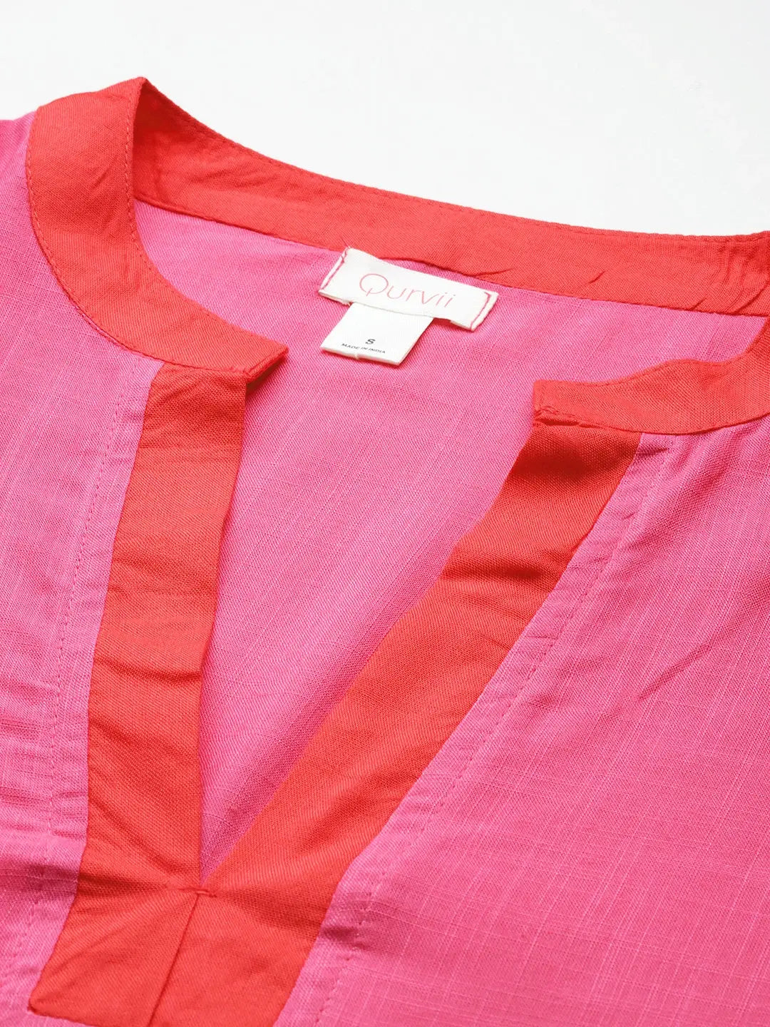 Magenta rayon dress with contrast banded collar