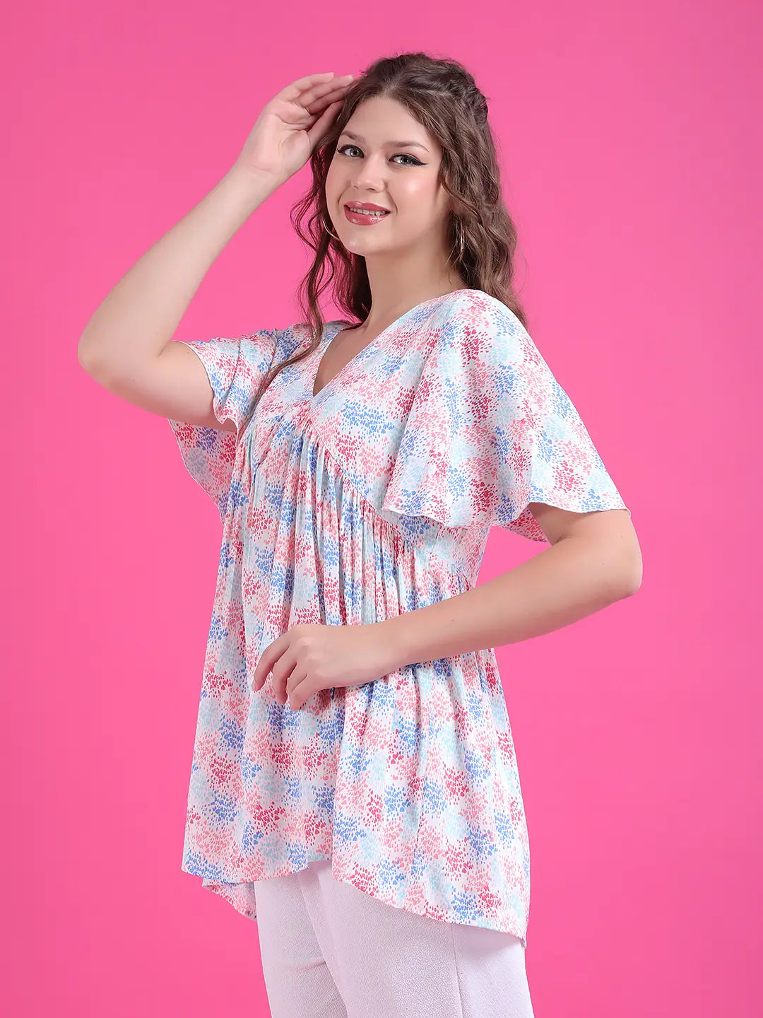 Printed crepe pleated top