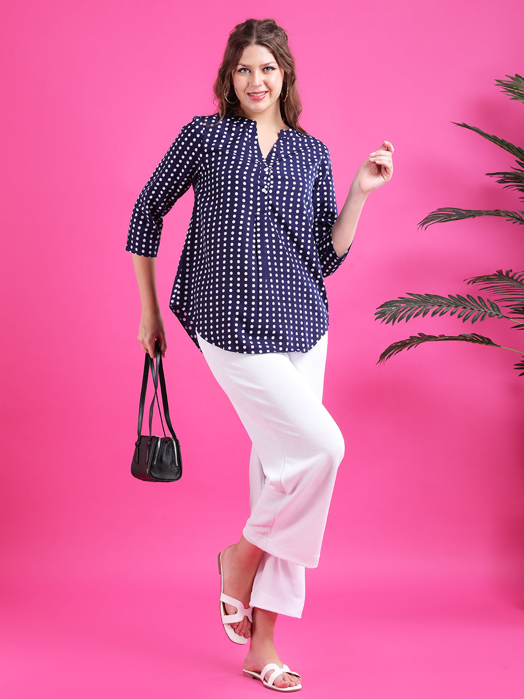 Navy polka half placket shirt
