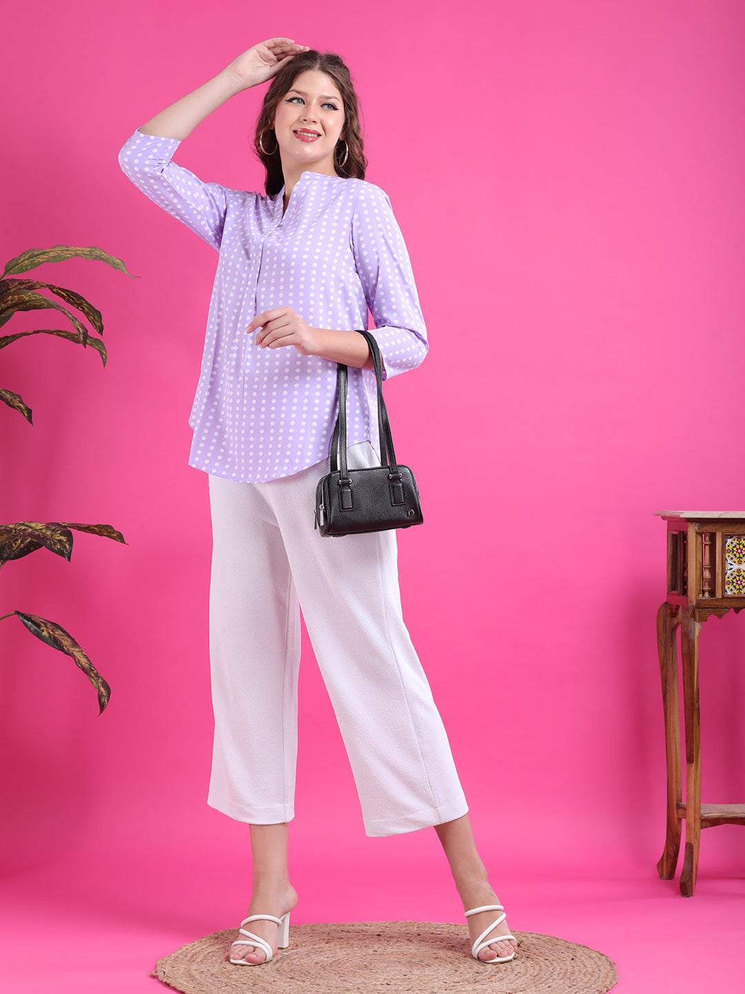 Lavender polka half placket shirt