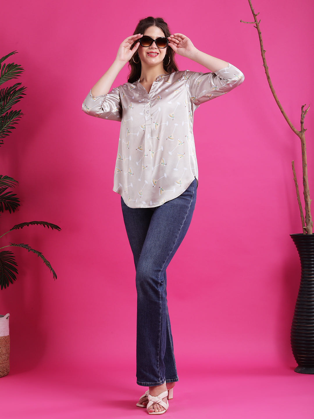 Beige half placket shirt