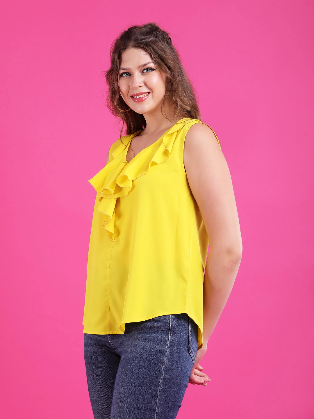 Ruffle neck solid summer top