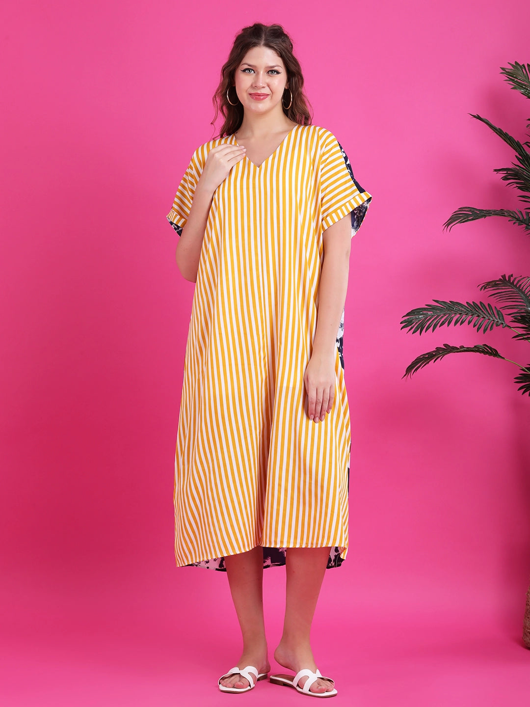 Yellow stripe dress with tie & dye print back