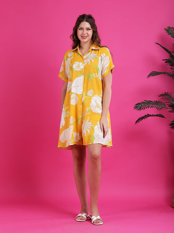 Yellow flower print shirt dress
