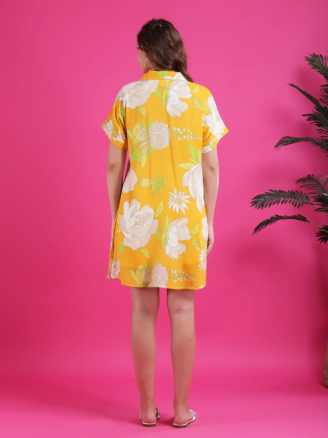 Yellow flower print shirt dress