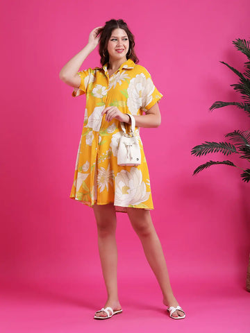 Yellow flower print shirt dress