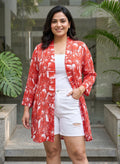 red geometric crepe shrug for women in sizes XXS to 5XL